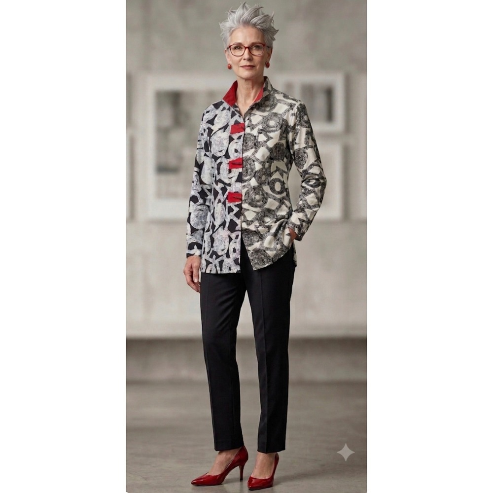Ali Miles Artistic Toggle Jacket Black White Red Abstract Women's Size Medium